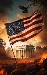 an american flag is being flown over a building with columns