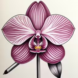 the orchid is designed as a ball point pen drawing,an orchid with pen and ink drawings on white paper