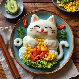 a cake made to look like a cat sitting in a bowl with vegetables and other foods