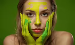 young woman with hand painted face showing off her hands