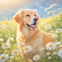a golden retriever in a field of daisies