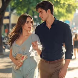 a young man is looking away from a woman