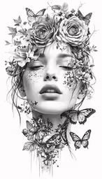 a woman with flowers and butterflies on her head
