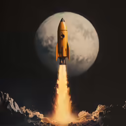 a yellow and black rocket is flying through the air