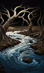 a painting of trees and a river in the night