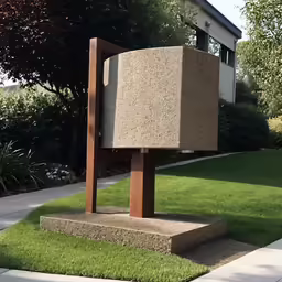 a concrete sculpture sits in the grass