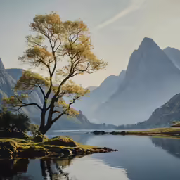 a lone tree sitting in front of a mountain lake