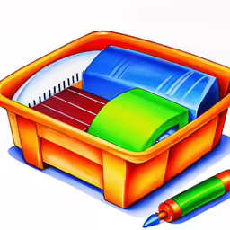 a pencil is sitting next to a box full of paper and paper clips