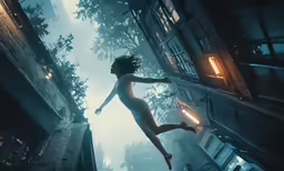 woman in white bodysuit floating off into foggy air