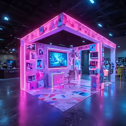 a large room with bookshelves and neon lights