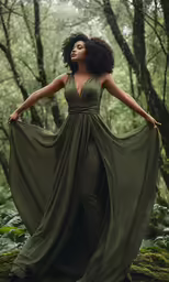 a woman posing in the woods wearing a green dress