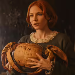 a red haired woman is holding a glove with a stitching on it