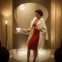 a woman that is wearing a red dress and white coat