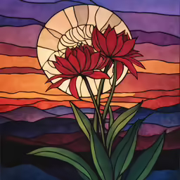 the painting is of two flowers on a beach