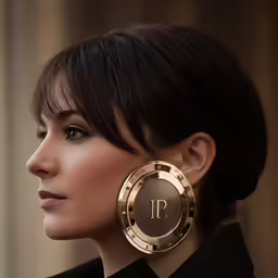 a woman wearing gold jewelry is shown looking away
