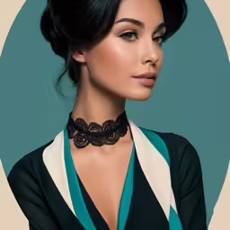 a woman wearing a black and white shirt is posing with a blue and white collar necklace