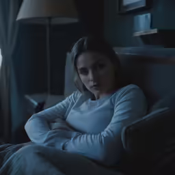 a woman sitting on a couch with her arm around the corner