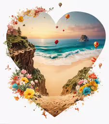 the heart shaped artwork features a beautiful beach scene and hot air balloons in flight,there is a photo in the shape of a heart on a beach