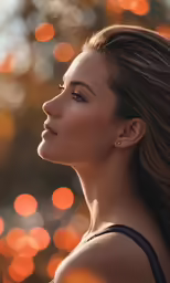 a woman wearing earrings looking into the distance