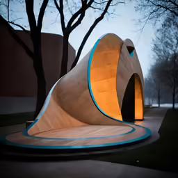 a curved sculpture in front of a building and trees
