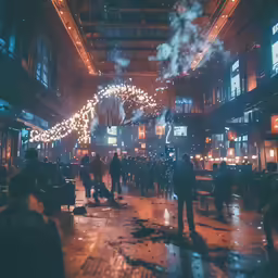 a large crowd of people walking around a big building