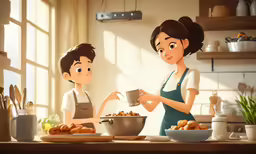 an animated couple cooking together in the kitchen