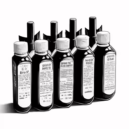 the six ink bottles in black and white are empty