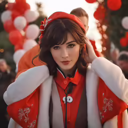 woman in orange jacket with red bow and white trimming on head