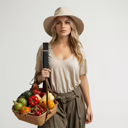 a young woman in a hat holding a basket of fruit
