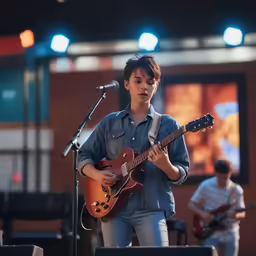 a man playing a guitar while standing in front of a microphone