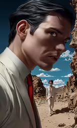 a man standing in front of a rocky cliff with a woman behind him