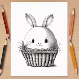pencil drawings of a bunny in a basket,a pencil drawing of a rabbit in a basket