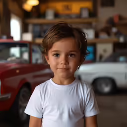 little boy looking at camera in garage with car in background