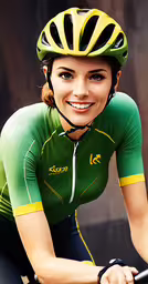 the beautiful woman in a green jersey is wearing a bicycle helmet,a woman wearing a green jersey riding a bike