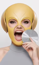 a woman is wearing a gold mask and holding a silver circular disc