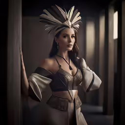 a woman with big breast wearing a headdress and feathered headpiece