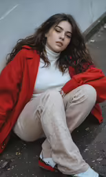 a woman sitting down in a red coat