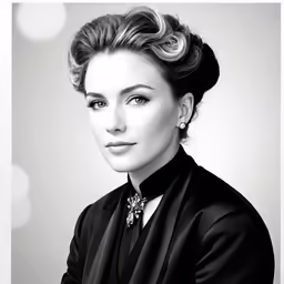 a woman with large earrings wearing a black suit