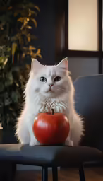 a cat sits and eats a tomato on a chair