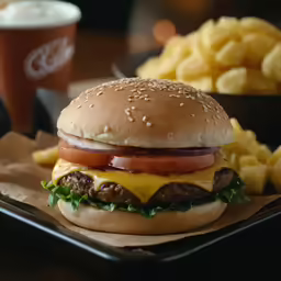a hamburger with a burger patty and tomato on a tray with fries
