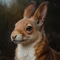 a brown and white rabbit stares into the distance