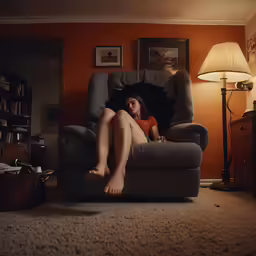 a woman laying on top of a chair in a living room