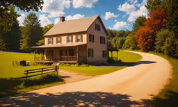an old fashioned farmhouse house with a dirt driveway,a large home is next to a road on the side of a field