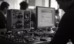 a man is looking at some electronic items