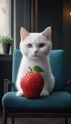a white cat is sitting on an arm chair