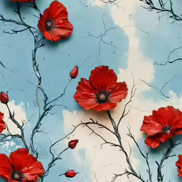 a painting depicting red flowers on a blue background