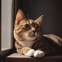 a striped cat looking intently off to the side