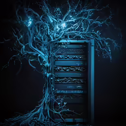 a tree is glowing against a dark background with a server in it