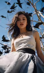 a woman is in a white dress surrounded by birds