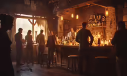 a group of people standing in a bar near an outdoor patio
